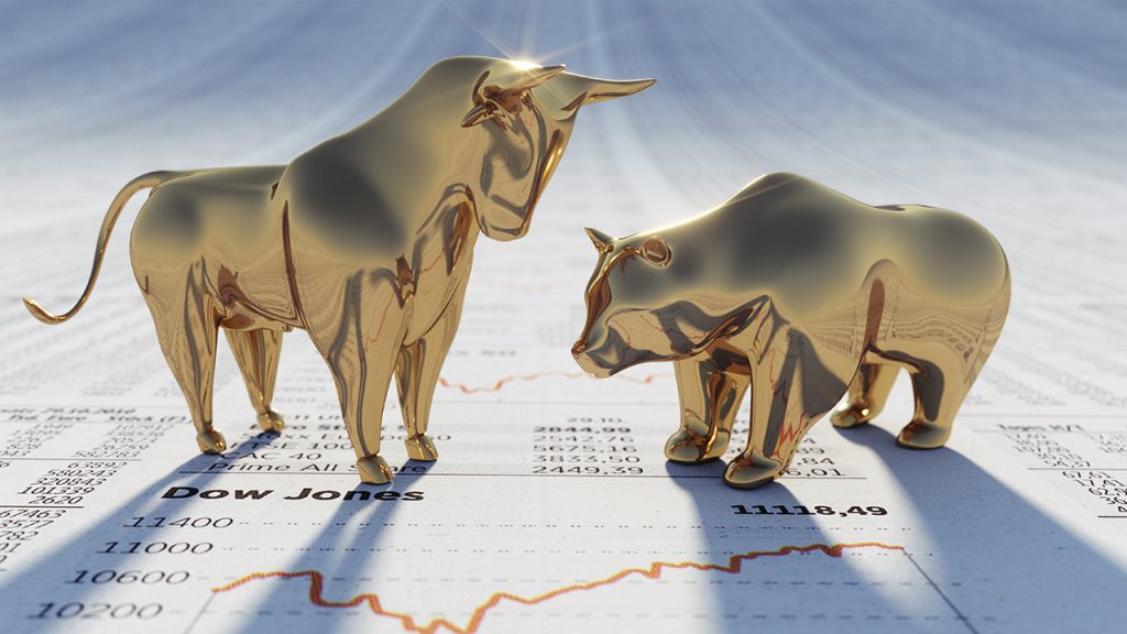 Optimistic Golden Bull and Pessimistic Golden Bear are standing on a financial report and fighting over the market | Outlook Wealth Advisors